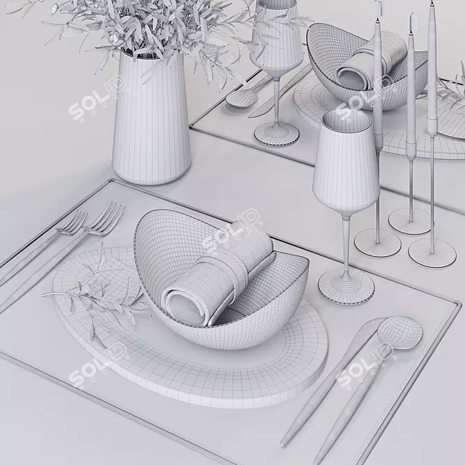 Minimalist Table Set with Olive Branches 3D model image 3