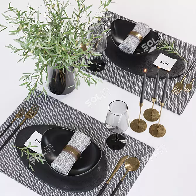 Minimalist Table Set with Olive Branches 3D model image 4