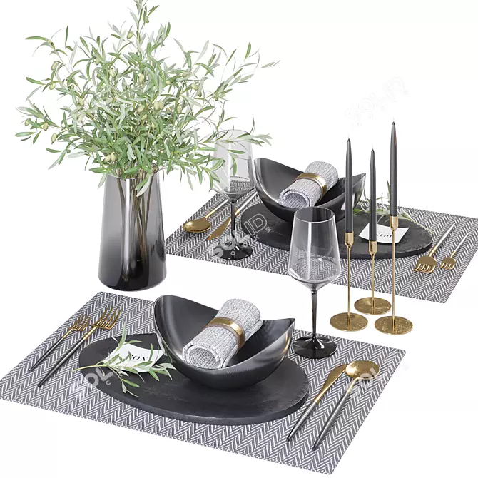 Minimalist Table Set with Olive Branches 3D model image 6