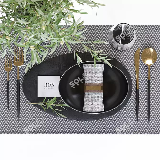 Minimalist Table Set with Olive Branches 3D model image 9