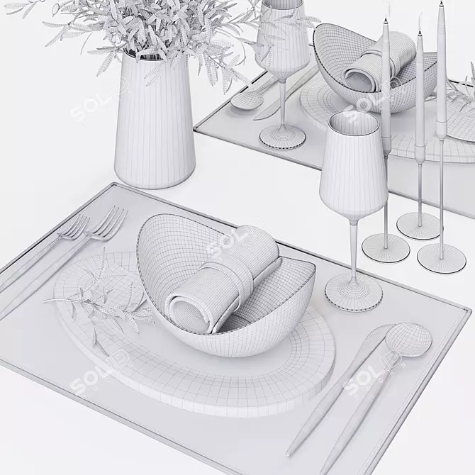 Minimalist Table Set with Olive Branches 3D model image 10