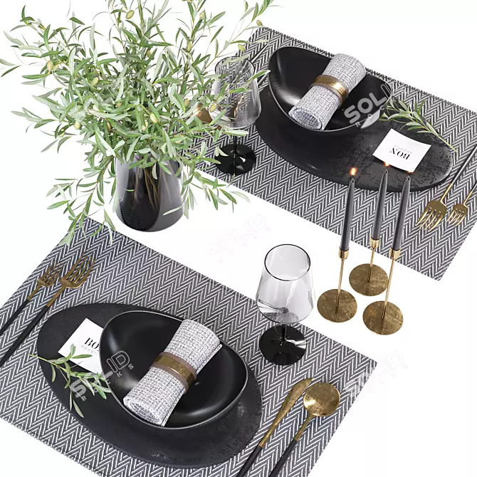 Minimalist Table Set with Olive Branches 3D model image 11