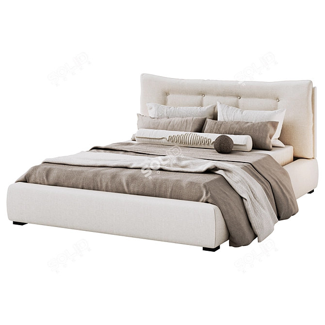 Sleek Ivory Tufted Queen Bed 3D model image 2