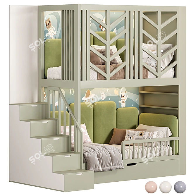 Kids Bunk Bed Set 3D model image 1