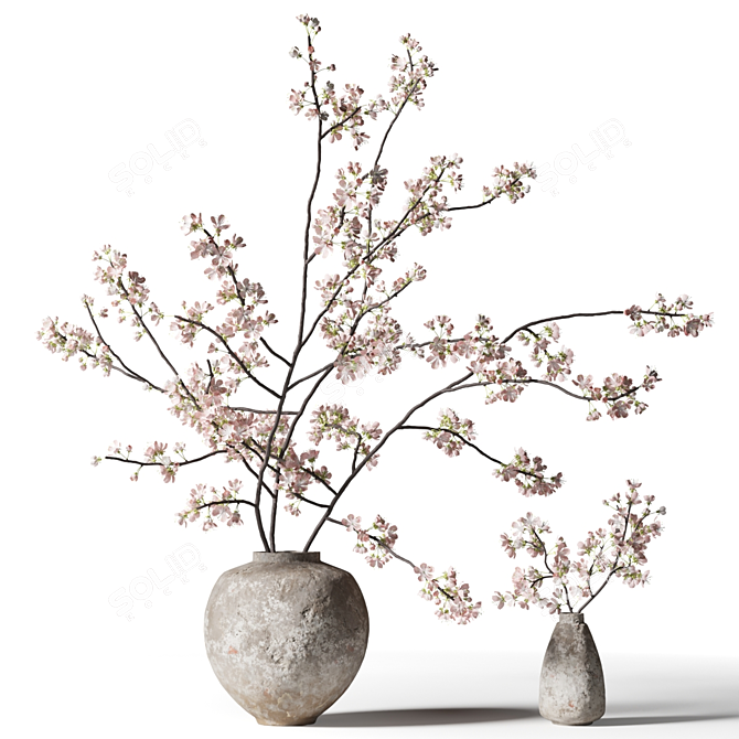 Clay Vase with Blooming Branches 3D model image 1