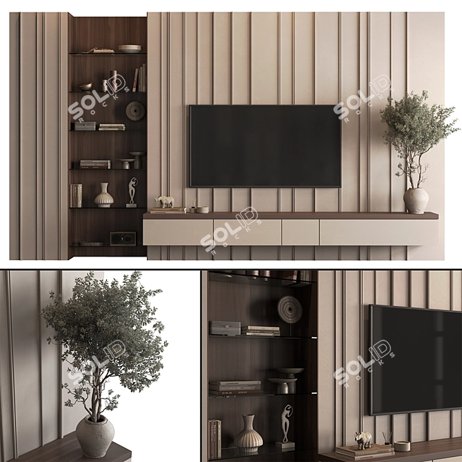 Plaster & Wood TV Wall Set 3D model image 1