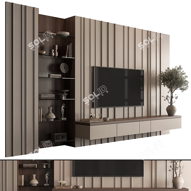 Plaster & Wood TV Wall Set 3D model image 4