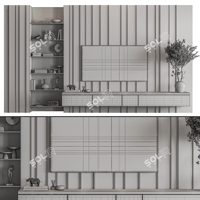 Plaster & Wood TV Wall Set 3D model image 5