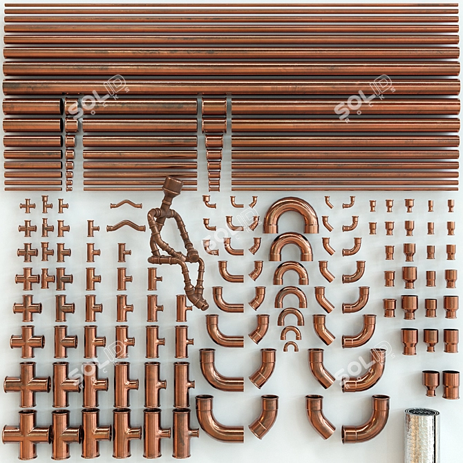 Copper Pipes & Fittings Kit 3D model image 5