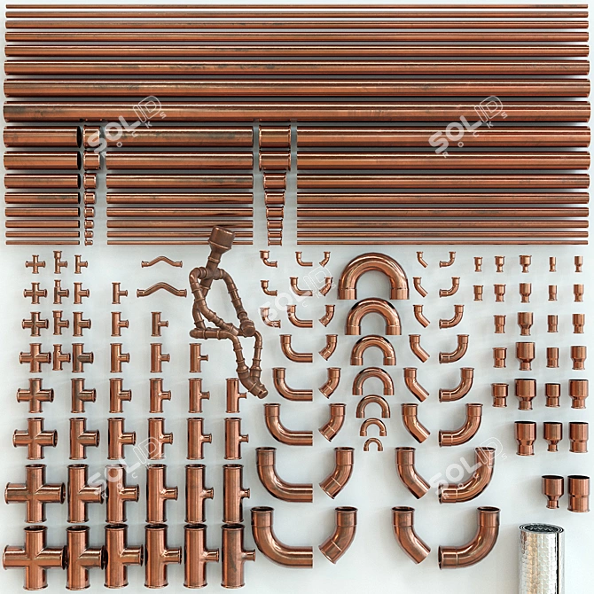 Copper Pipes & Fittings Kit 3D model image 7