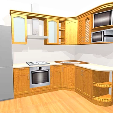 Oak Wood Kitchen with Liquid Stone Countertop 3D model image 1 