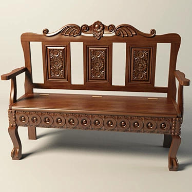 Handcrafted Wooden Bench with Intricate Carvings 3D model image 1 