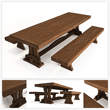Vintage Wooden Table Set 3D model image 1 