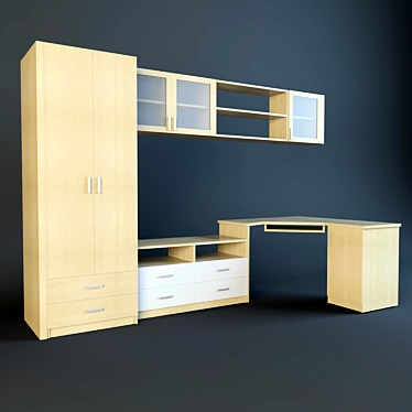 Compact Studio Set: Wardrobe, Shelves, TV Stand and Desk 3D model image 1 