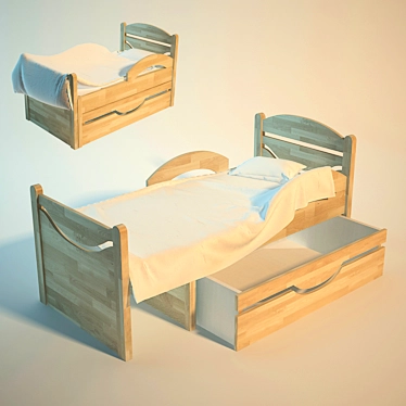 Natural Beech Children's Bed - Adjustable and Compact 3D model image 1 