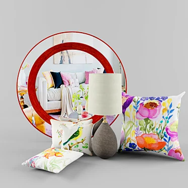 Elegant Table Set with Lamp, Mirror, and Cushions 3D model image 1 