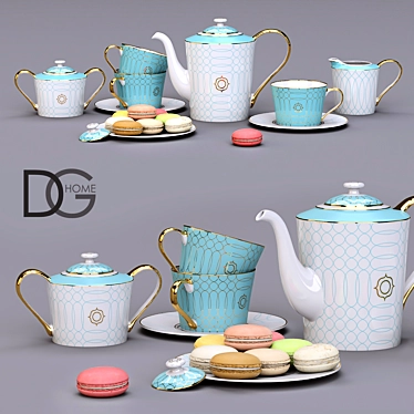 DG Home Turquoise Veil Tea Set + Colorful Macarons 3D model image 1 