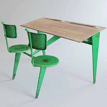 Vintage Prouvé School Desk 3D model image 1 