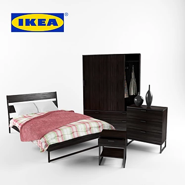 Modern Bedroom Furniture Set with Wardrobe, Bed, Dresser, and Nightstand 3D model image 1 