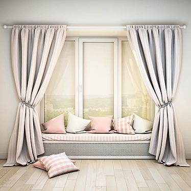 Cozy Windowsill Set: Soft Cushions & Curtains 3D model image 1 