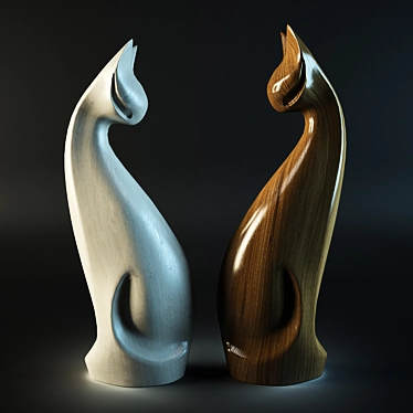 Nature's Union: Wooden Cat Statuettes 3D model image 1 