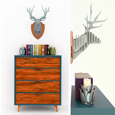 MidCentury Blue Dresser: Wooden Facades, Book Texture, Candle Holder, Antler Accent 3D model image 1 