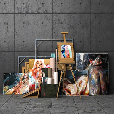 Decorative Set: Box, Easel & Artworks 3D model image 1 