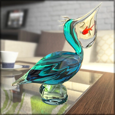 Glass Pelican Figurine with Fish 3D model image 1 