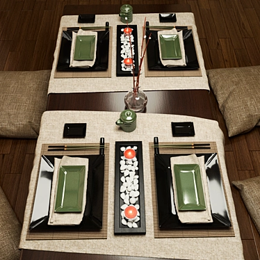 Japanese Tableware Set: Table & Pillows 3D model image 1 