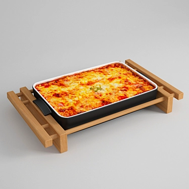 Delicious Lasagna Set: Porcelain Bowl & Wooden Rack 3D model image 1 