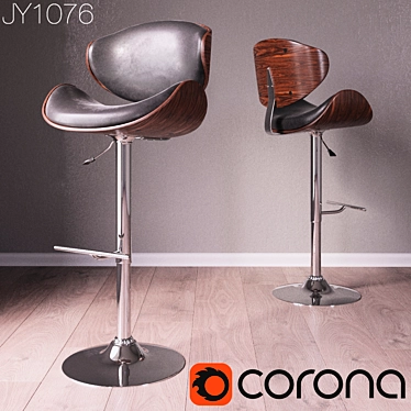 Modern Adjustable Barstool with Walnut Base and Black Leather Seat 3D model image 1 