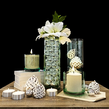Elegant Décor Set: Flowers, Candles, Cones, Books 3D model image 1 