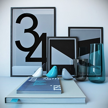 Elegant Decorative Set: Books, Magazines, Vases, Birds, Posters 3D model image 1 