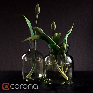 Title: Lush Green Tulips in Bottles 3D model image 1 