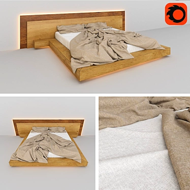 EcoBed: Stylish Wooden Frame with Linen Bedding & LED Lighting 3D model image 1 