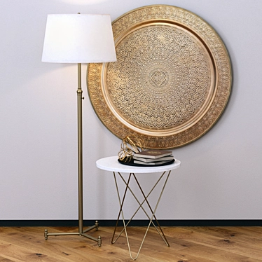 Elegant Decor Set: Floor Lamp, Side Table & Brass Metal Disc 3D model image 1 