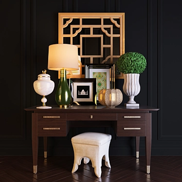 Luxury Interior Set: Table, Mirror, Pouf & Lamp 3D model image 1 