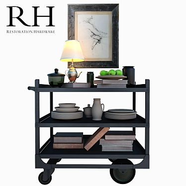 Luxury RH Decor Set: Bar Cart, Floor Lamp, Clay Tableware 3D model image 1 
