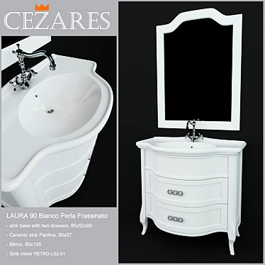 Cezares LAURA 90 Bianco Perla Frassinato: Under Sink Base with Ceramic Sink, Mirror, and Sink Mixer 3D model image 1 