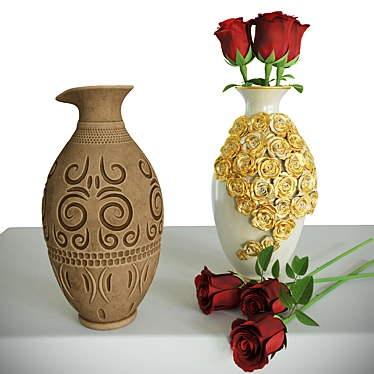 Elegant Geometric Vases with Roses 3D model image 1 