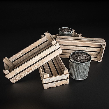 Rustic Wood Crates & Tin Pot Set 3D model image 1 