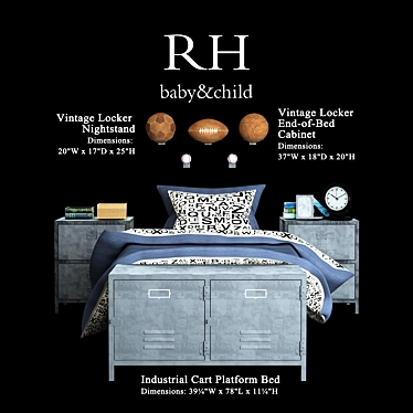 Rustic Kids Bedroom Set: Industrial Cart Platform Bed, Vintage Locker Nightstand, End-of-Bed Cabinet 3D model image 1 