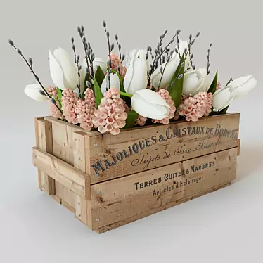 Wooden Box with Tulips, Hyacinths, and Willow Branches 3D model image 1 