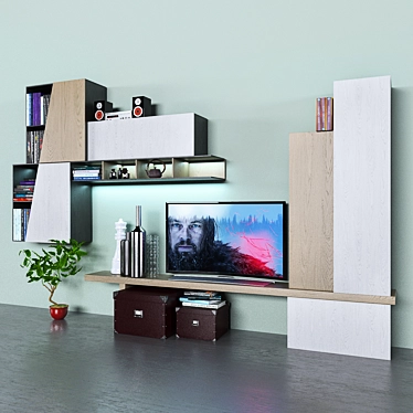Modern Book Storage System with Curved TV & Vases 3D model image 1 