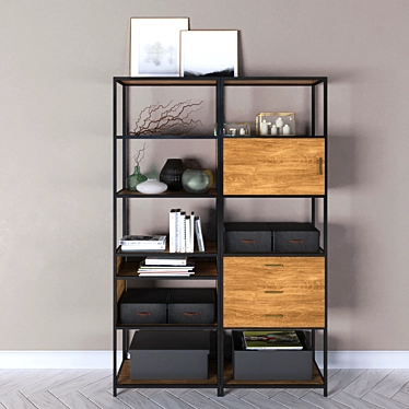 Slim Iron-Framed Walnut Bookcase 3D model image 1 