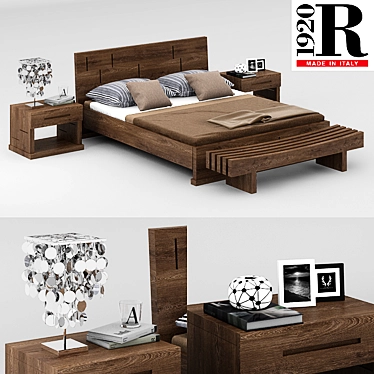 Solid Walnut Bed & Night Bench 3D model image 1 