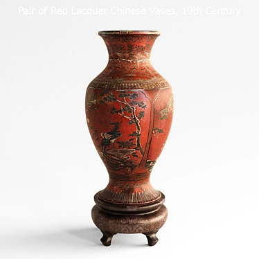 Elegant Red Lacquer Chinese Vases 3D model image 1 