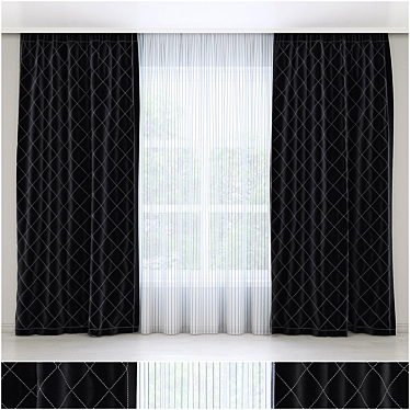 Geometric Black Curtains with Silver Embroidery 3D model image 1 