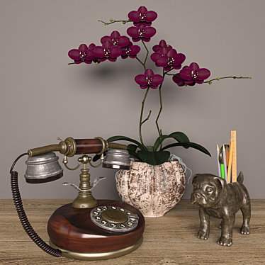 Elegant Decor Set: Orchid, Phone, Pen Stand 3D model image 1 