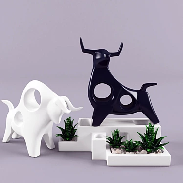 Ceramic Desktop Set: Bull Figurines & Succulent Pot 3D model image 1 